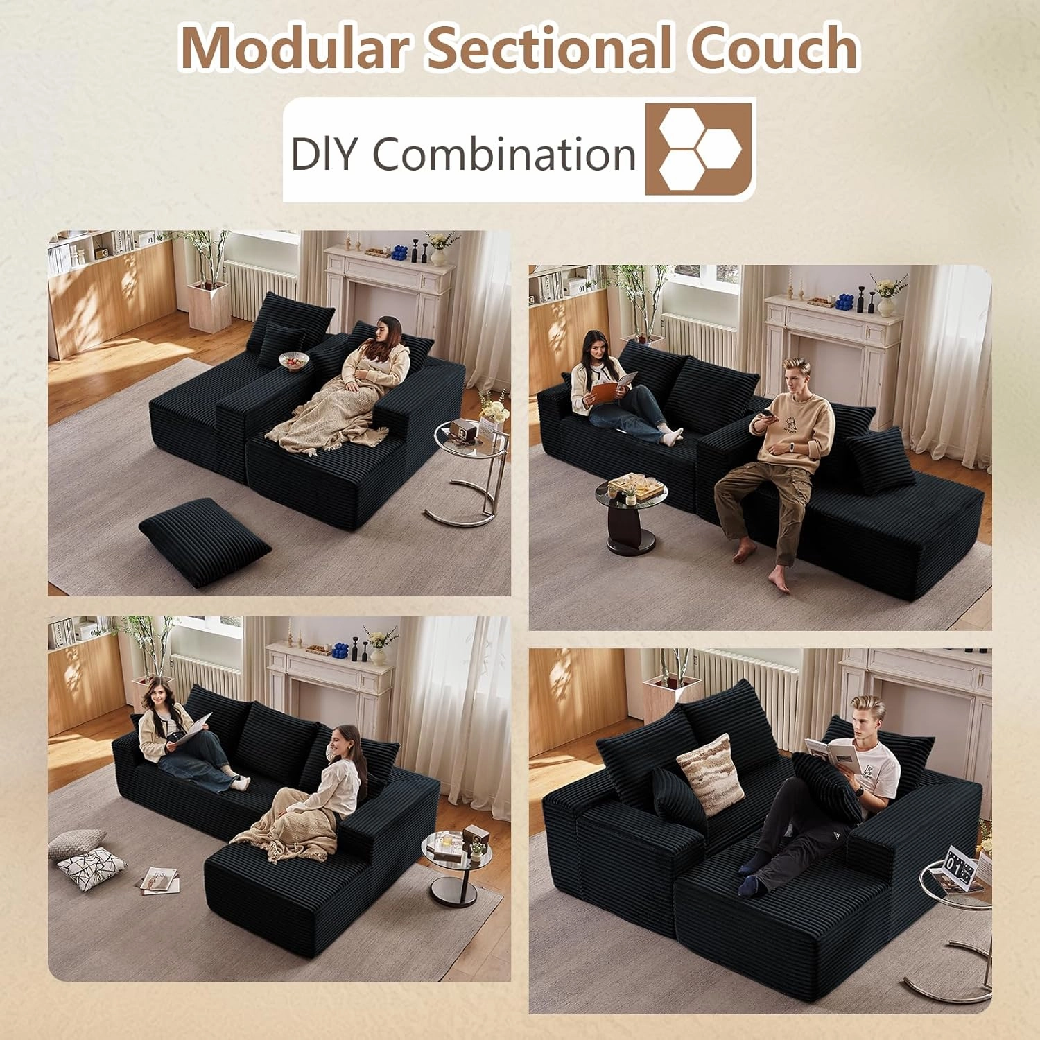 107" Modular Sectional Sofa, Modern Corduroy Cloud Couch with Deep Seat, Upholstered 3-Seater L-Shaped Sofa for Living Room, No Assembly Required (Black, Right-Facing Chaise)