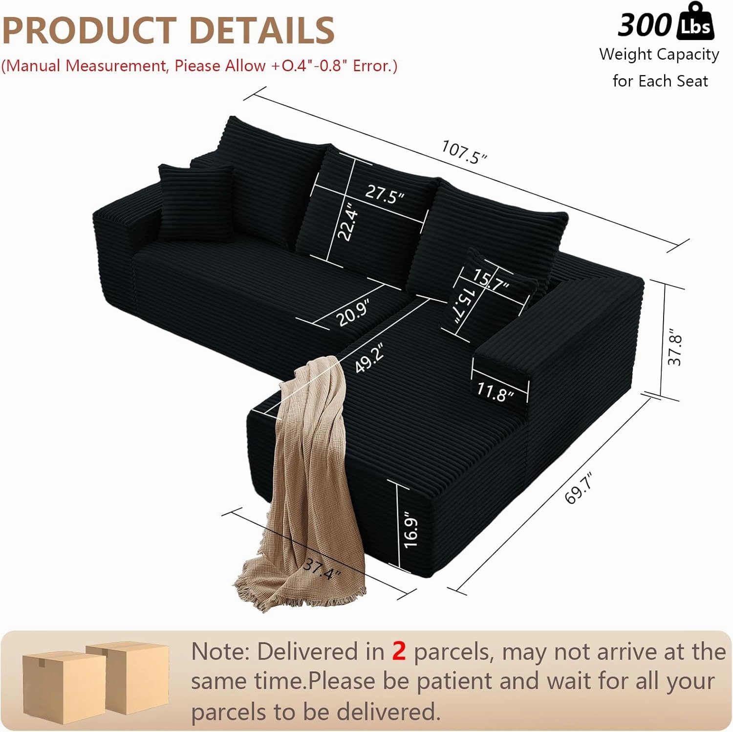 107" Modular Sectional Sofa, Modern Corduroy Cloud Couch with Deep Seat, Upholstered 3-Seater L-Shaped Sofa for Living Room, No Assembly Required (Black, Right-Facing Chaise)