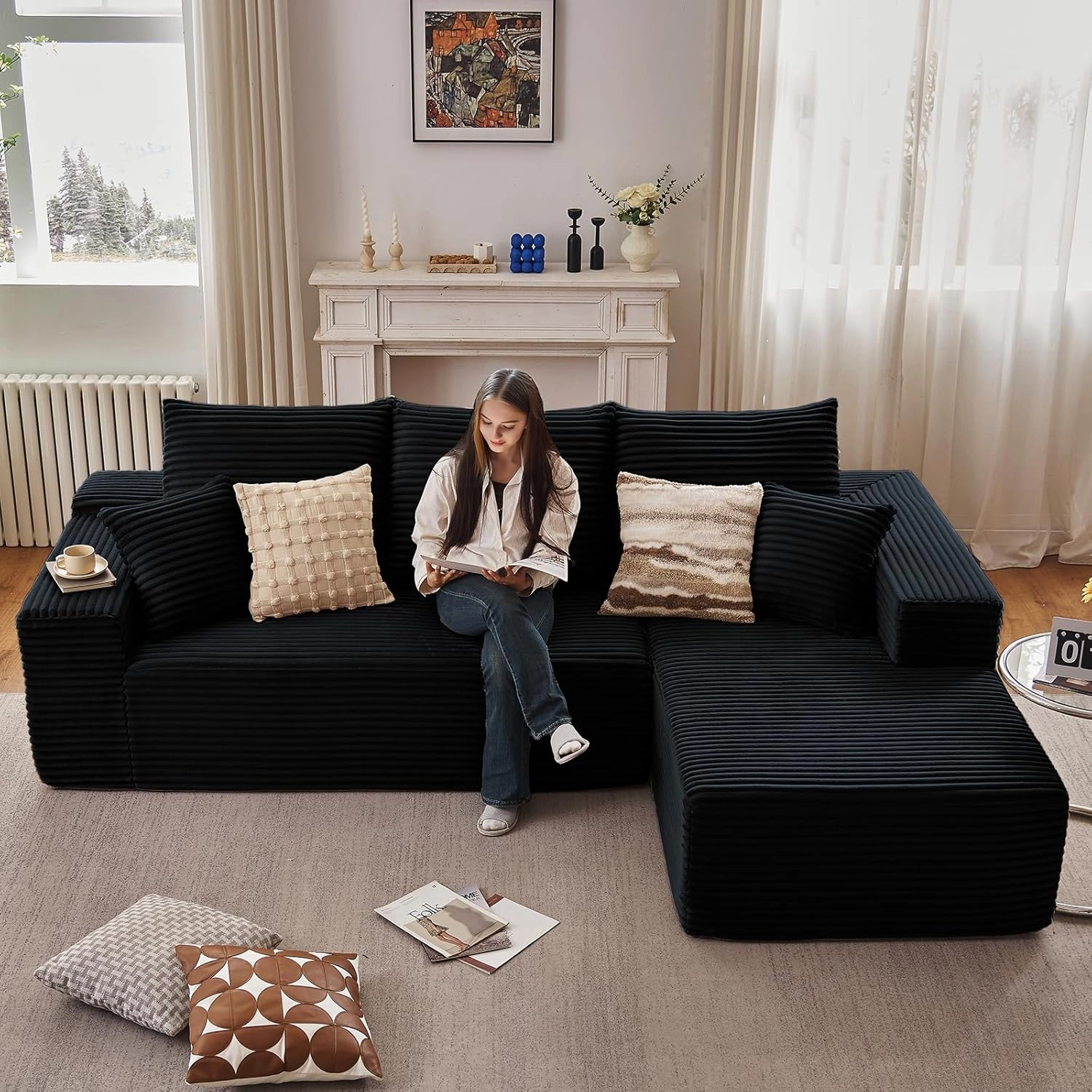 107" Modular Sectional Sofa, Modern Corduroy Cloud Couch with Deep Seat, Upholstered 3-Seater L-Shaped Sofa for Living Room, No Assembly Required (Black, Right-Facing Chaise)