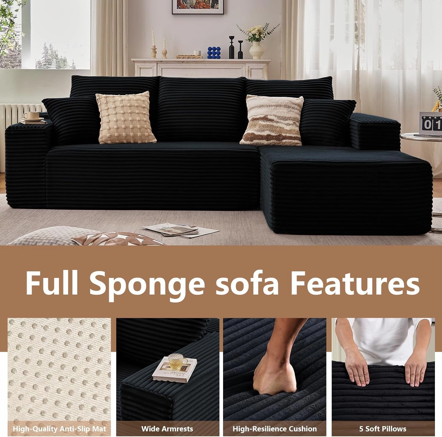 107" Modular Sectional Sofa, Modern Corduroy Cloud Couch with Deep Seat, Upholstered 3-Seater L-Shaped Sofa for Living Room, No Assembly Required (Black, Right-Facing Chaise)