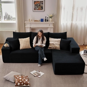 107" Modular Sectional Sofa, Modern Corduroy Cloud Couch with Deep Seat, Upholstered 3-Seater L-Shaped Sofa for Living Room, No Assembly Required (Black, Right-Facing Chaise)