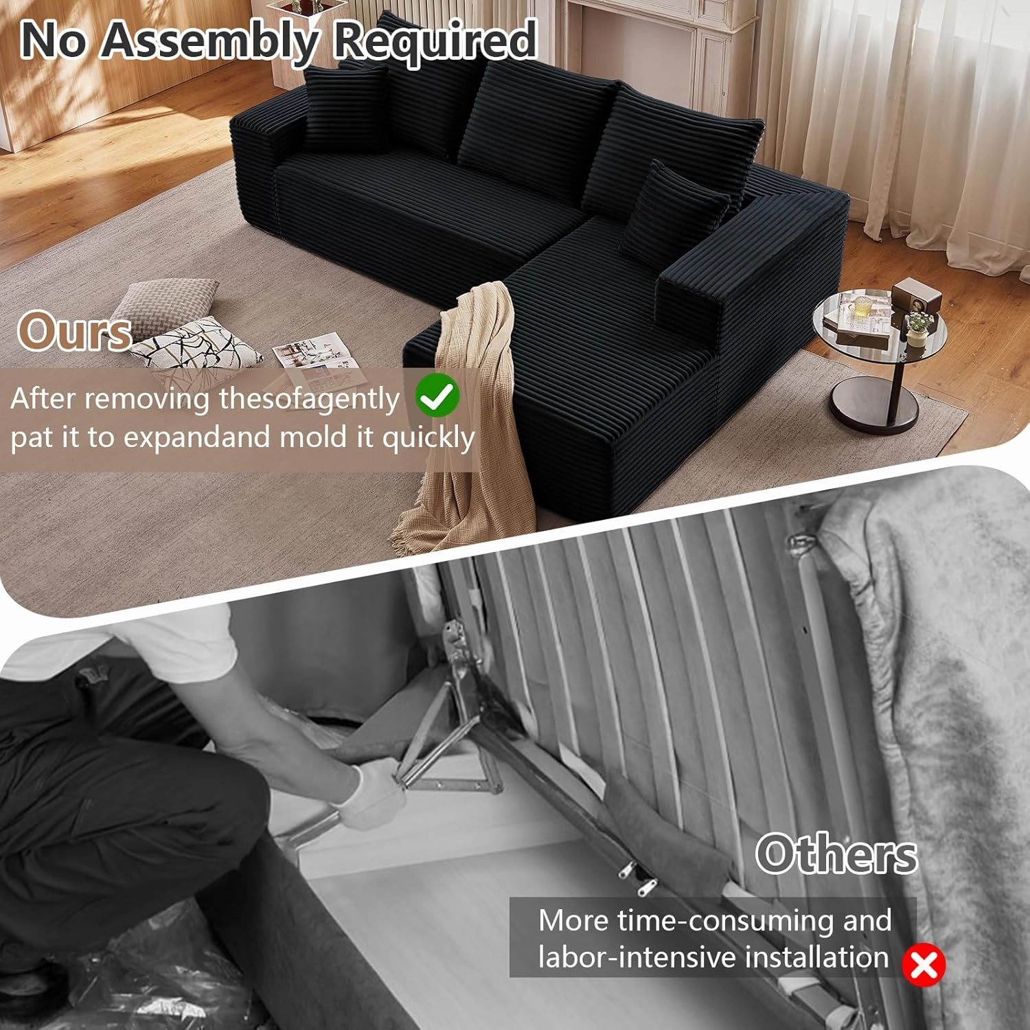 107" Modular Sectional Sofa, Modern Corduroy Cloud Couch with Deep Seat, Upholstered 3-Seater L-Shaped Sofa for Living Room, No Assembly Required (Black, Right-Facing Chaise)