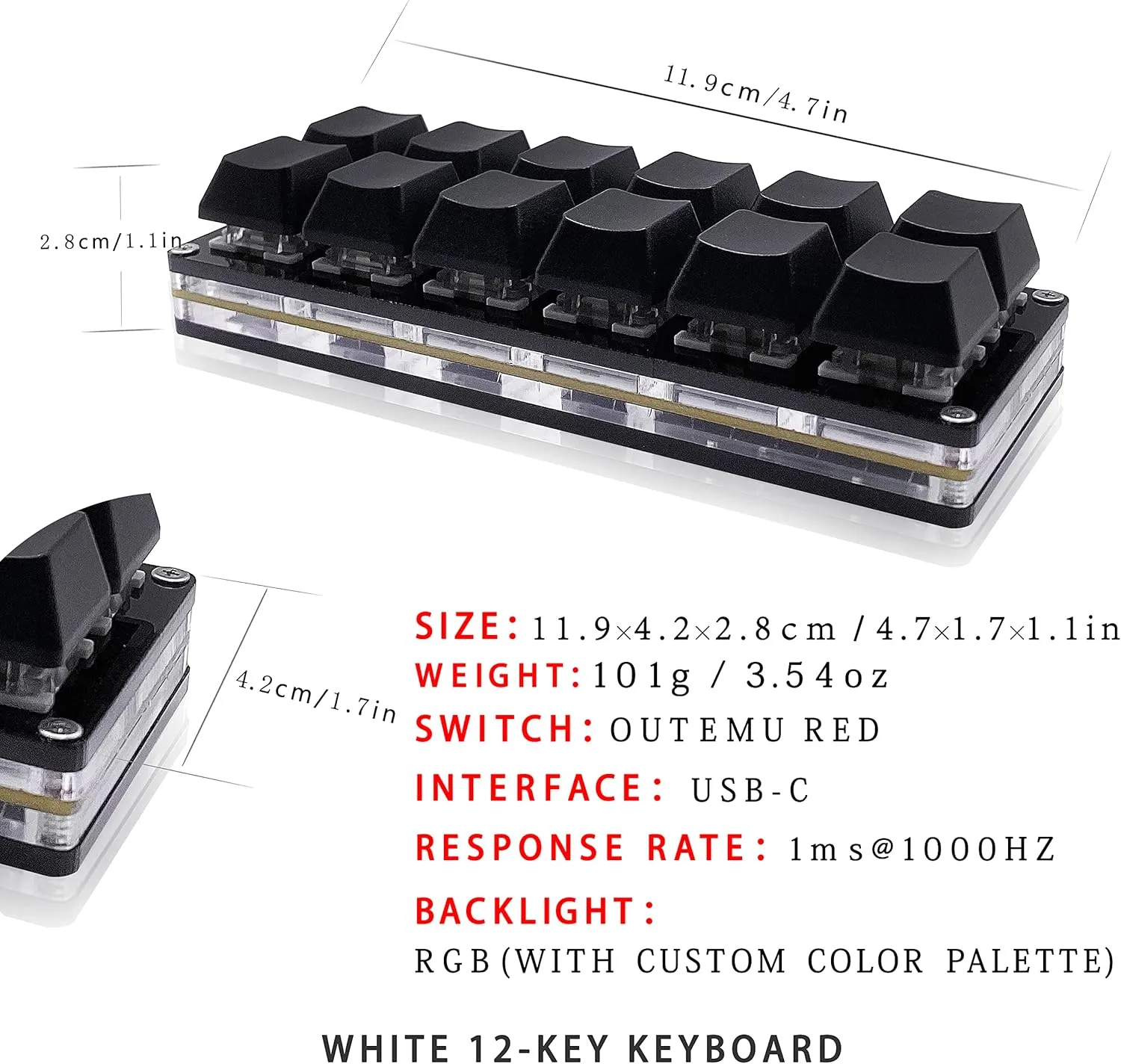 12 Key Mechanical Gaming Keyboard One Handed Keypad USB-C Wired OSU Keypad Programmable and Hot Swappable Keyboard.