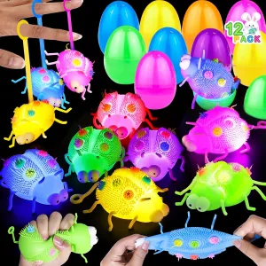 12 Pack 3.5" Easter Eggs Prefilled Ladybug LED Puffer Stress Ball for Toddlers,Light Up Stress Relief Fidget Toys Squeeze Sensory Ball Kids Easter Basket Essential Stuffers Egg Fillers Party Favor