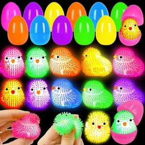 12 Pack Easter Egg Fillers Chick LED Puffer Balls ,LED Light up Toys Flashing Spiky Toys Bulk Glow in The Dark for Kids Boys Girls Classroom Prizes Easter Basket Stuffers Party Favors