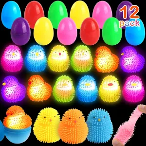 12 Pack Easter Eggs Fillers LED Chick Puffer Balls, Easter Basket Stuffers with Light Up Stress Relief Fidget Toys Squeeze Ball, Easter Egg Hunt Party Favor for Kids Boys Girls Toddler Teens
