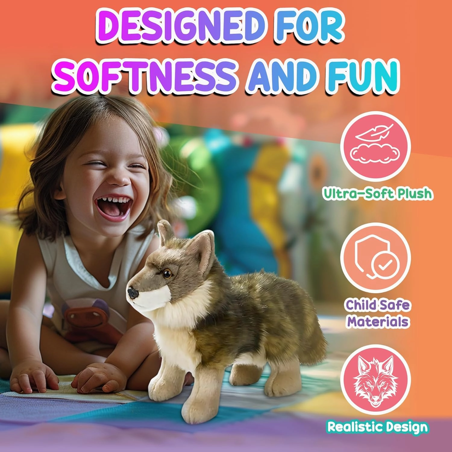 12” Standing Stuffed Animals for Boys & Girls, Safari Baby Shower Decorations, Soft Plush, Nursery Décor, Huggable Soft Toys, Realistic Features, Elephant, Lion, Wolf, Rhino & More (Wolf)