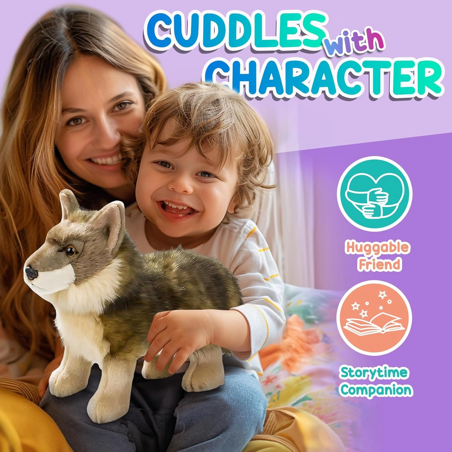 12” Standing Stuffed Animals for Boys & Girls, Safari Baby Shower Decorations, Soft Plush, Nursery Décor, Huggable Soft Toys, Realistic Features, Elephant, Lion, Wolf, Rhino & More (Wolf)