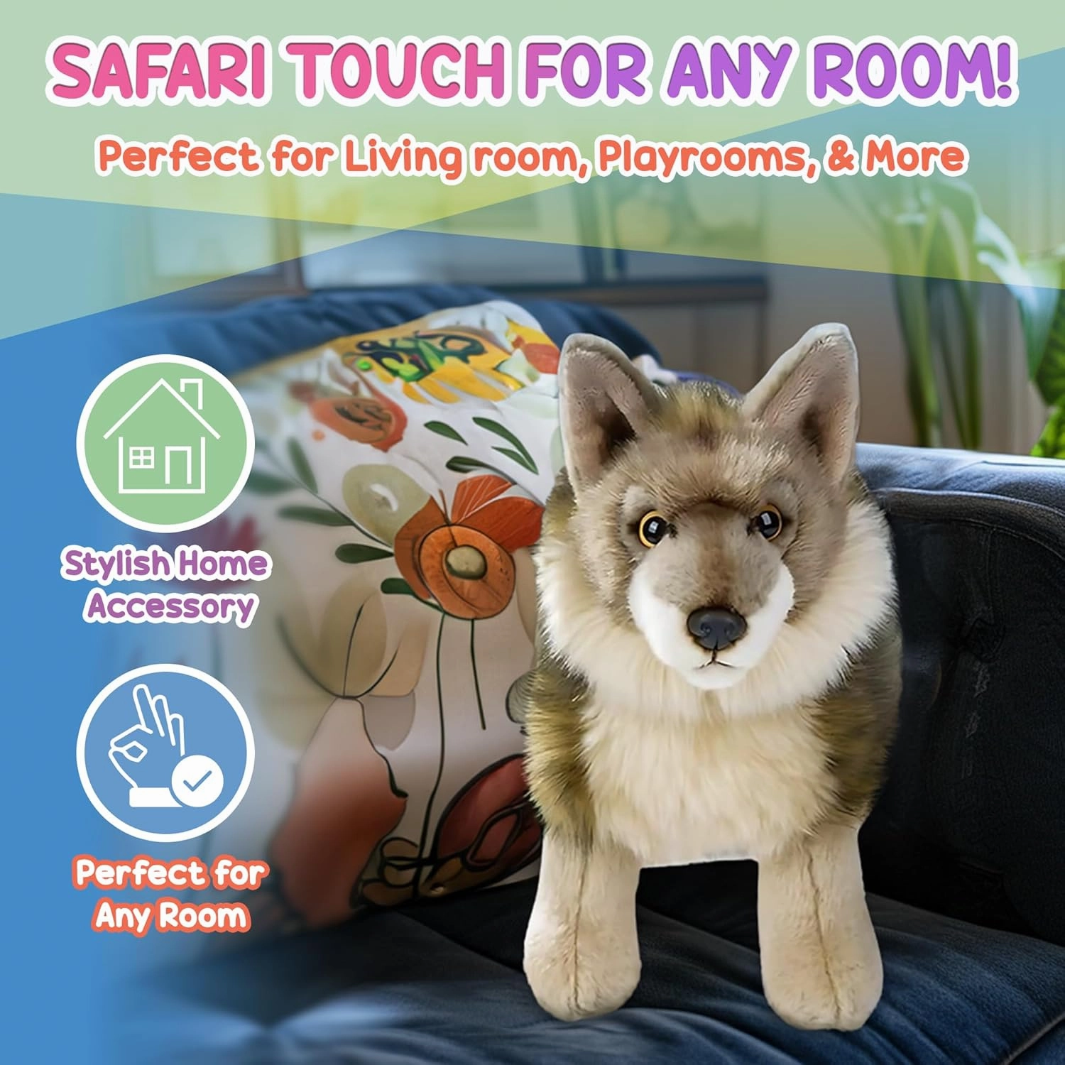 12” Standing Stuffed Animals for Boys & Girls, Safari Baby Shower Decorations, Soft Plush, Nursery Décor, Huggable Soft Toys, Realistic Features, Elephant, Lion, Wolf, Rhino & More (Wolf)
