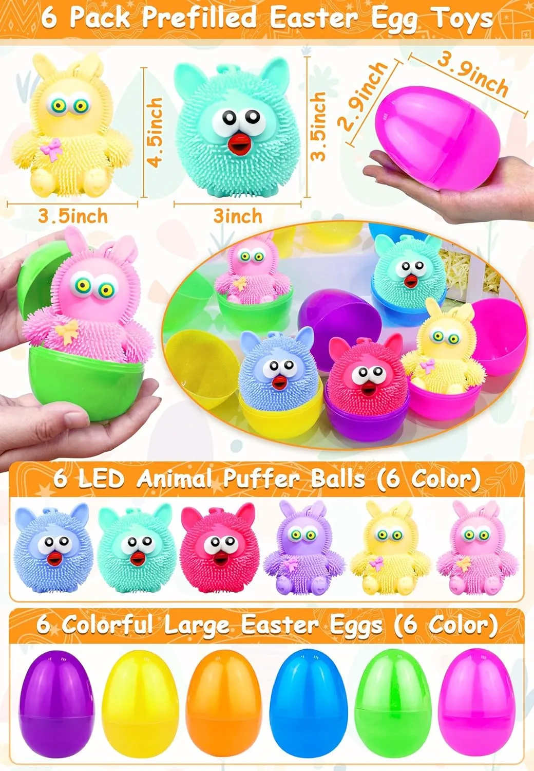 12PCS Easter Toys for Kids, 6 Pcs 3.9" Jumbo Prefilled Easter Eggs Filled 6 Pcs Light Up Bunny Puffer Balls Stress Relief Fidget Toys for Kids Girls Toddler Basket Stuffers Fillers Party Favor Gifts
