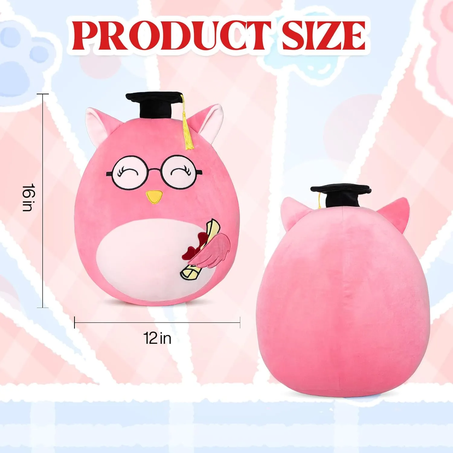16" Owl Graduation Stuffed Animals - Preschool Kindergarten Graduation Gifts 2025 Cuddly Plush(Pink)
