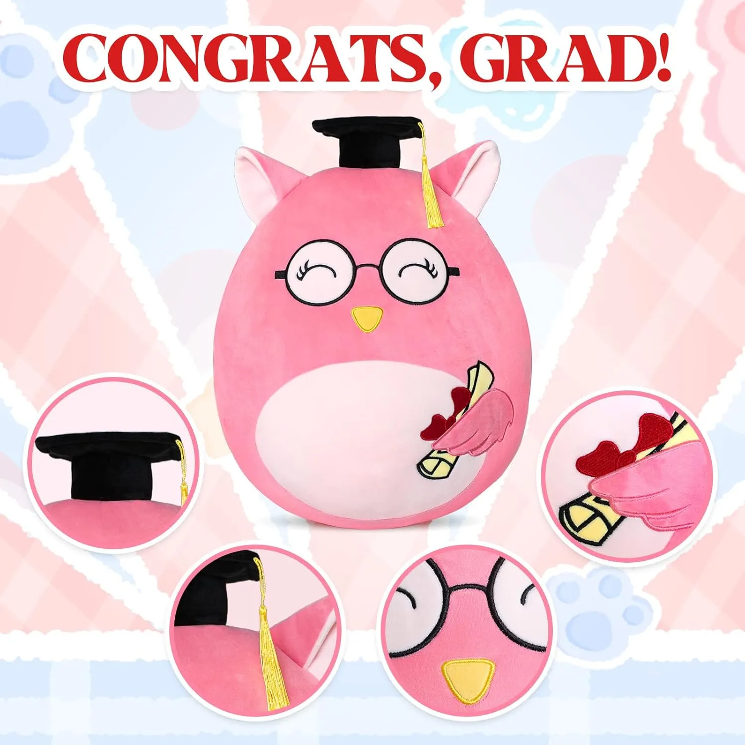 16" Owl Graduation Stuffed Animals - Preschool Kindergarten Graduation Gifts 2025 Cuddly Plush(Pink)