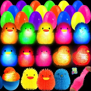 18 Pcs Easter Eggs Filled with LED Chick Puffer Balls, Easter Basket Stuffers with Light Up Stress Relief Fidget Toys Squeeze Ball for Kids Boys Girls Party Favor Gifts Easter Egg Hunt Fillers
