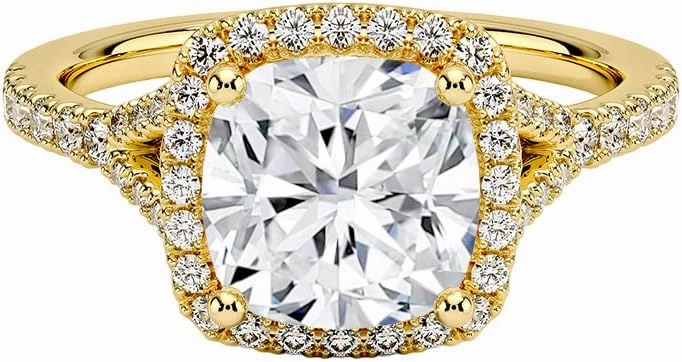1.0-5.0 Carat Cushion Moissanite Halo Split-Shank Lab Diamond Engagement Ring In 14k Yellow Gold For Women,D-VVS1