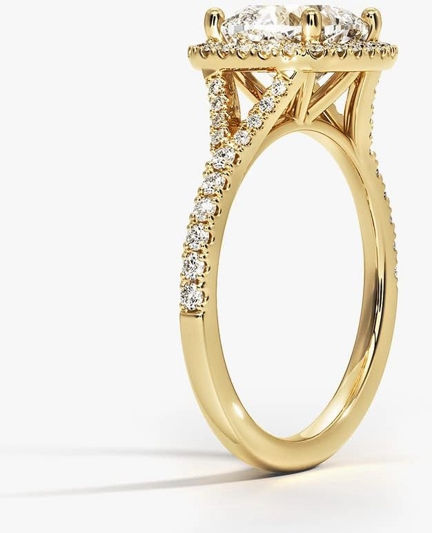 1.0-5.0 Carat Cushion Moissanite Halo Split-Shank Lab Diamond Engagement Ring In 14k Yellow Gold For Women,D-VVS1