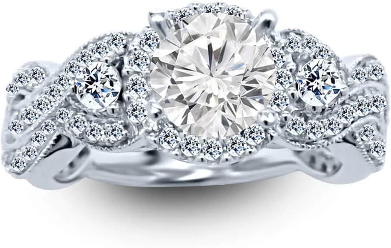 2 Carat Classic Lab Grown Synthetic Round 3 Stone Bostonian Twisting IGI Certified Diamond Engagement Ring (1 Ct, I-J Color, SI1-SI2 Clarity Center)