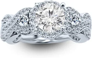 2 Carat Classic Lab Grown Synthetic Round 3 Stone Bostonian Twisting IGI Certified Diamond Engagement Ring (1 Ct, I-J Color, SI1-SI2 Clarity Center)