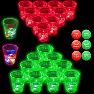 22Pcs Christmas Glowing Pong Set Party Game Light Up Pong Cups for Christmas Party with 6 Christmas Theme Balls, Christmas House Parties Holidays(Red&Green&Flashing)