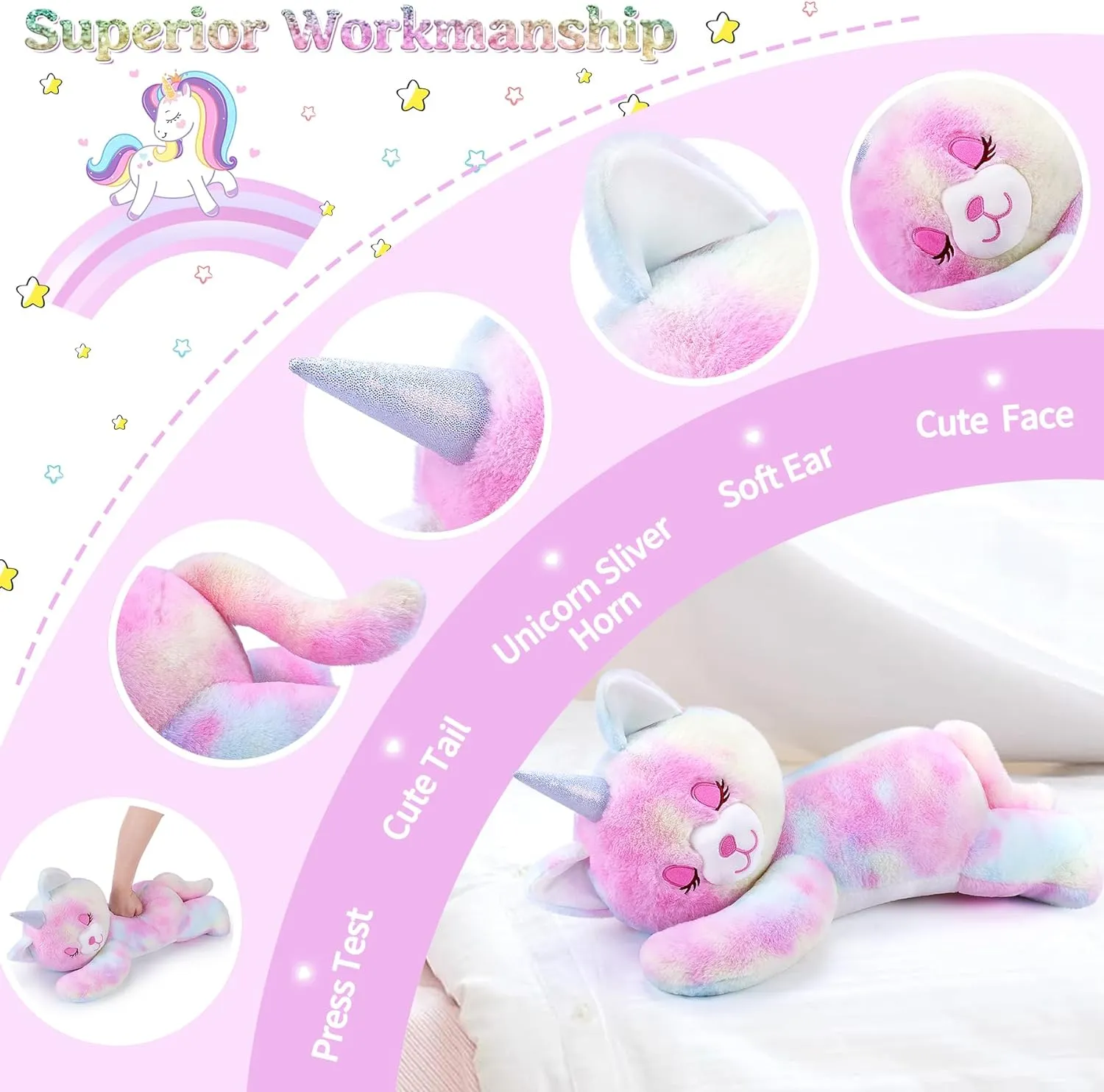 24'' Large Unicorn Cat Plush Stuffed Animal Pillow - Big Plushie Toy for Sleeping, Birthday Gifts for Kids, Girls and Boys