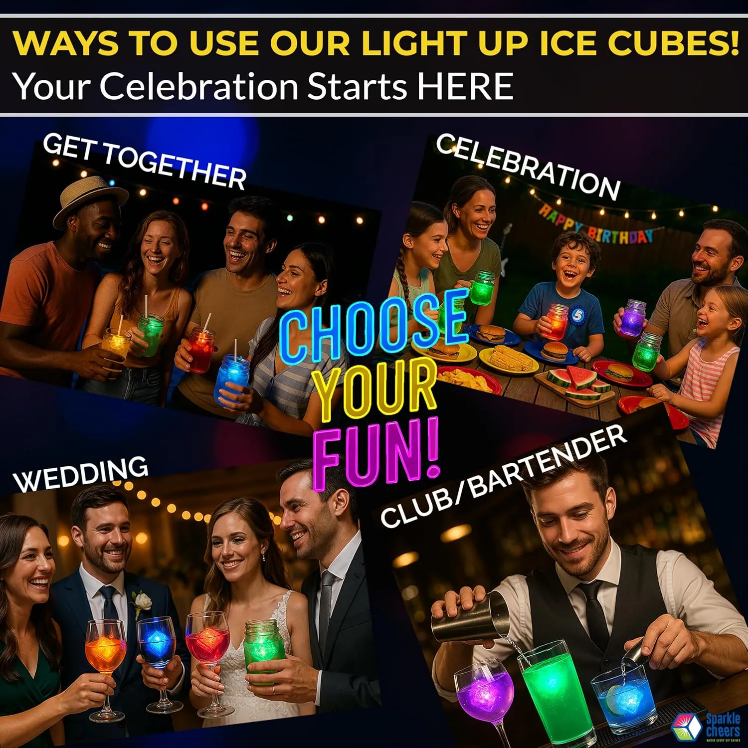 24pk Light Up Ice Cubes for Drinks   4pk Bonus Reusable Straws – LED Glowing Cubes – Flashing Color Changing - Reusable Water Activated for Bath, Cocktails & Party