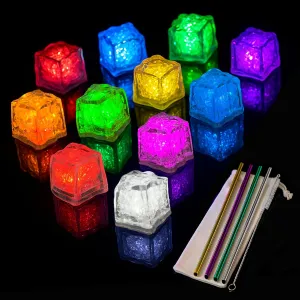 24pk Light Up Ice Cubes for Drinks   4pk Bonus Reusable Straws – LED Glowing Cubes – Flashing Color Changing - Reusable Water Activated for Bath, Cocktails & Party