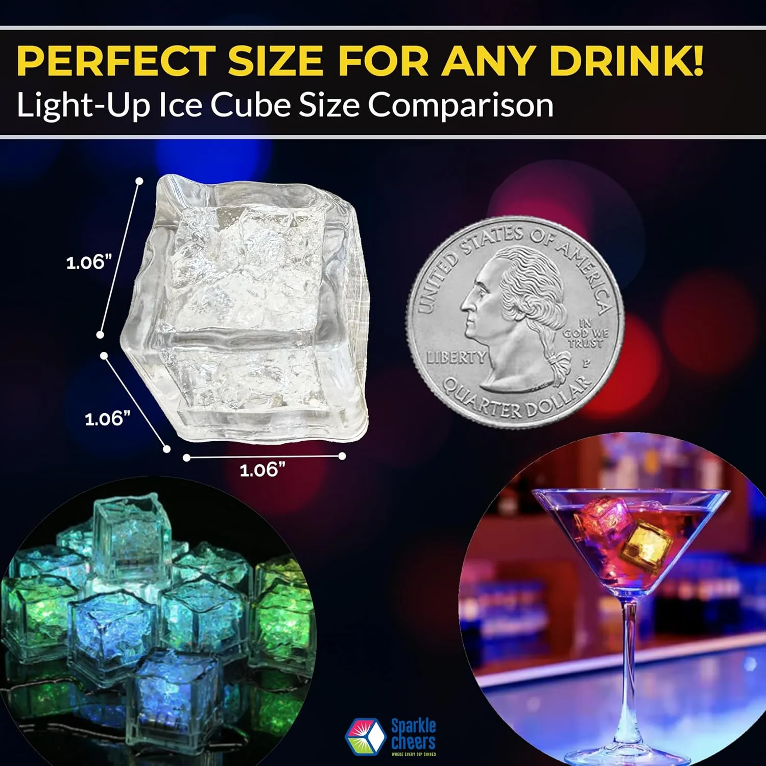 24pk Light Up Ice Cubes for Drinks   4pk Bonus Reusable Straws – LED Glowing Cubes – Flashing Color Changing - Reusable Water Activated for Bath, Cocktails & Party