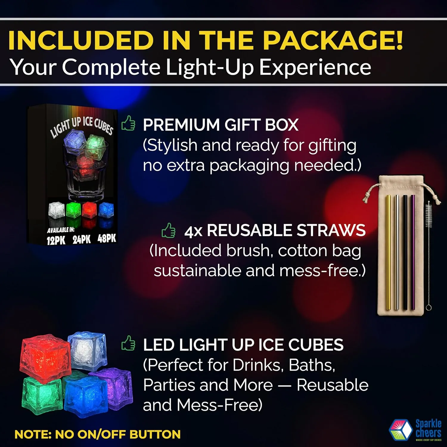 24pk Light Up Ice Cubes for Drinks   4pk Bonus Reusable Straws – LED Glowing Cubes – Flashing Color Changing - Reusable Water Activated for Bath, Cocktails & Party