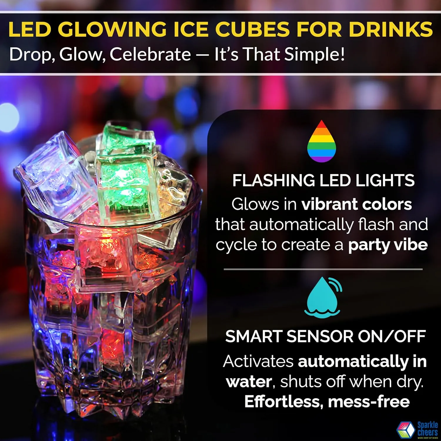 24pk Light Up Ice Cubes for Drinks   4pk Bonus Reusable Straws – LED Glowing Cubes – Flashing Color Changing - Reusable Water Activated for Bath, Cocktails & Party