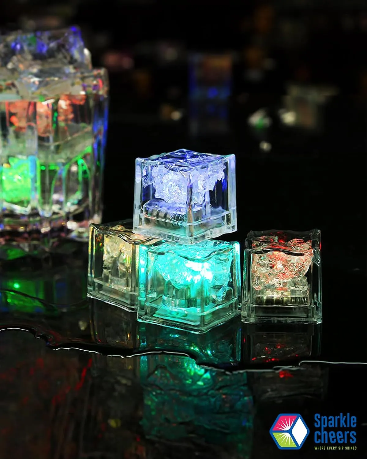 24pk Light Up Ice Cubes for Drinks   4pk Bonus Reusable Straws – LED Glowing Cubes – Flashing Color Changing - Reusable Water Activated for Bath, Cocktails & Party