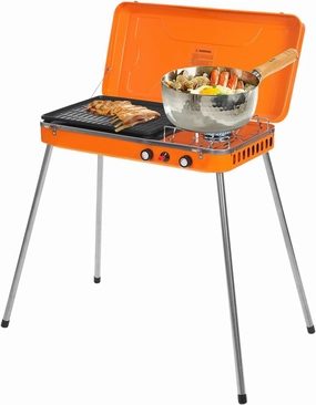 2 Burner Propane Camping Stove Portable Gas Stove Outdoor 2 * 5860 BTU Tabletop Grill Cooker with Detachable Legs Grill Pan Wind Guards