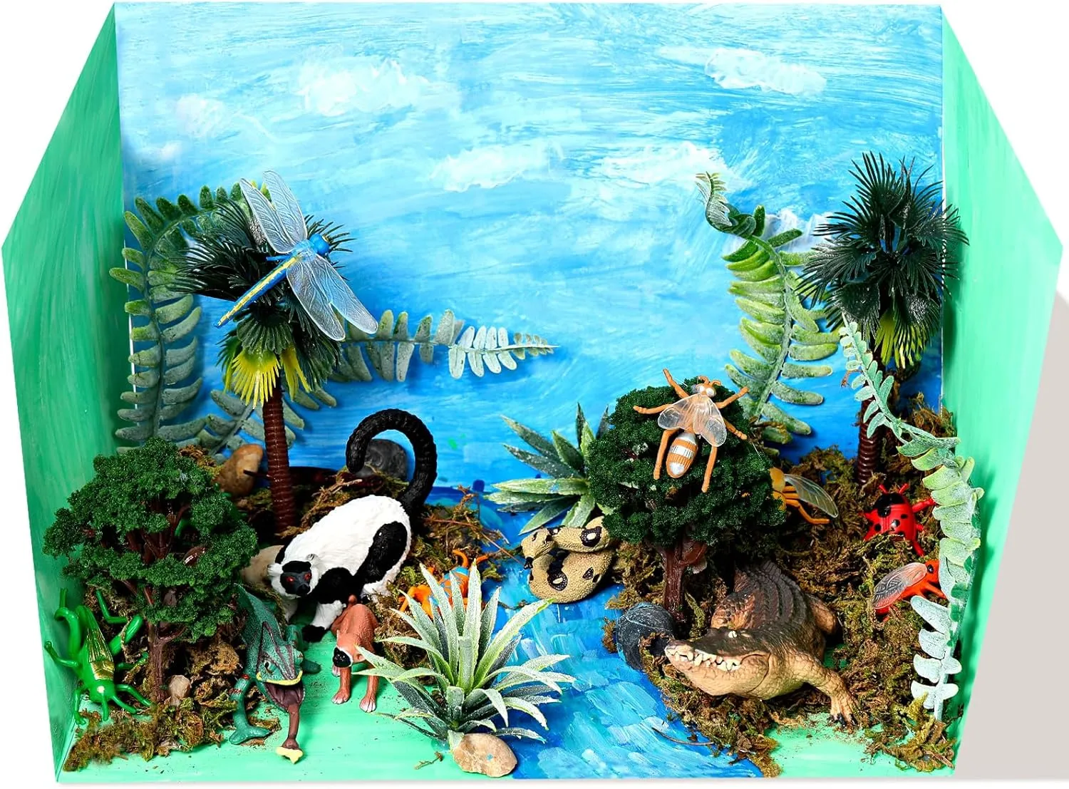 31 Pcs School Cardboard Diorama Supplies Kit Rainforest Animals Figures Set Rainforest Animals Zoo Artificial Model Tree Stump Fake Rock Sand Stone Moss with Gift Box for Boy Girl Birthday Party Favor