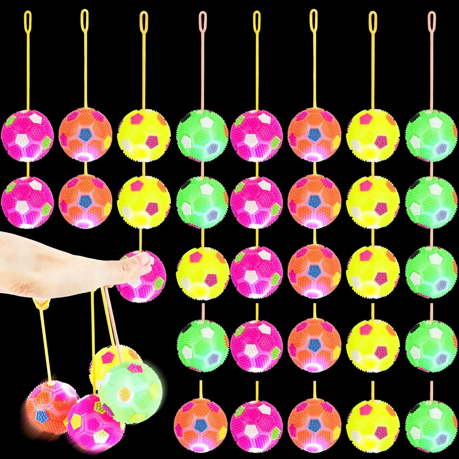 36 Pcs 2.5 Inch Bouncy Light up Ball with Soccer Pattern LED Flashing Spiky Balls for Kids and Adults Glow in The Dark Party Favors Carnival Prizes School Rewards