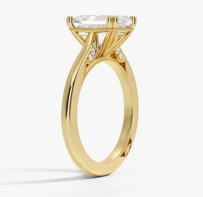 3 CT Emerald Cut Cathedral Crown Moissanite Engagement Ring, Handmade Wedding Ring, Milgrain Tacori Promise Ring, Christmas Gift For Her In 10K/14K/18K Solid Gold & 925 Sterling Silver (4.5)