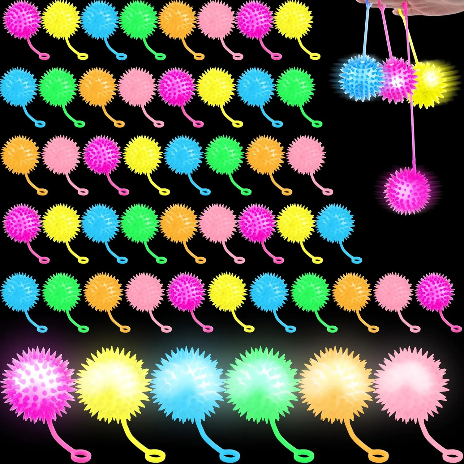 40 Pcs 2.6 Inch Light Up Bouncy Balls LED Spike Ball with Rope Grows in The Dark Multicolor Flashing Balls for Birthday Party Gifts Classroom Prizes