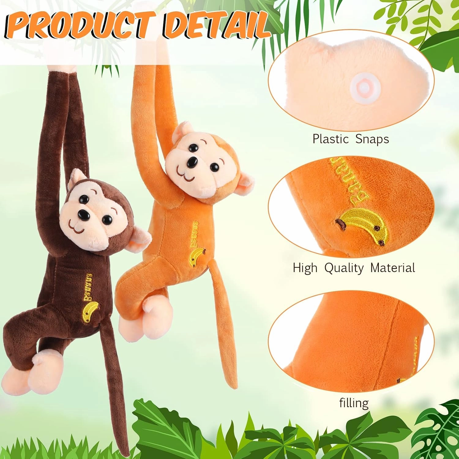 4-Pack 17.8 Hanging Stuffed Monkeys with Hook & Loop Fasteners - Plush Toy Gifts for Teens & Adults, Plush Stuffed Animal Toys Soft Monkey Doll Decoration (Brown, Khaki)