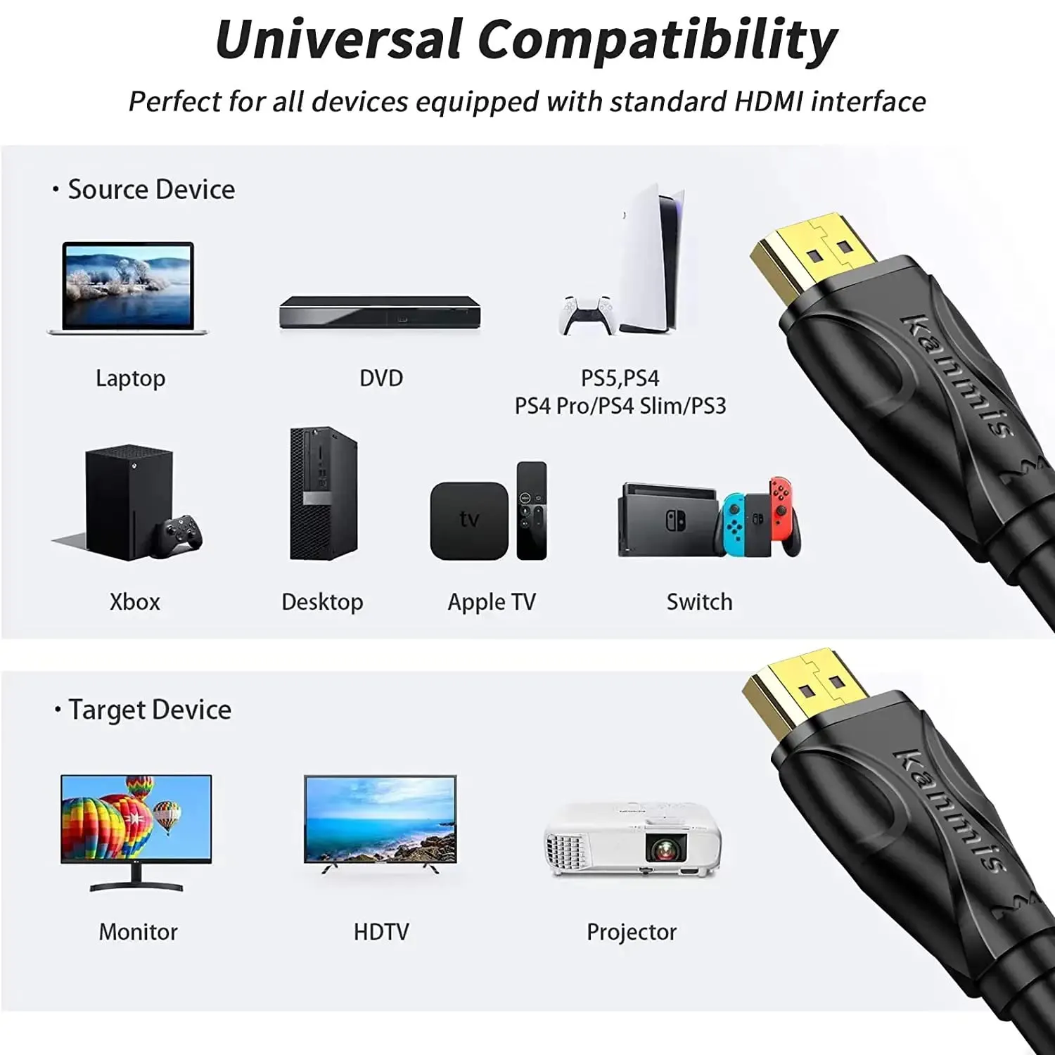 4K HDMI Cable 50ft, High Speed Hdmi 2.0 Cables &4K@60Hz 2K 1080P, Ultra High Speed Gold Plated Connectors hdmi Cord, Compatible with PlayStation Arc PS3 PS4 PC HDTV