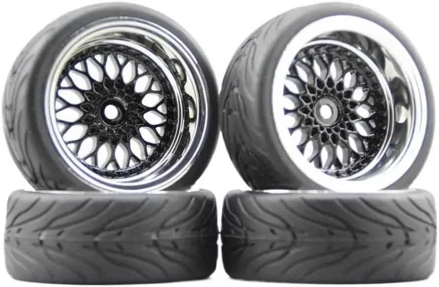 4pcs Soft Rubber Touring Tyres Wheels with Chrome and Black Paint Rim Compatible with 1:10 RC Cars 3mm 6mm 9mm Offset(2PCS6MM with 2PCS9MM)
