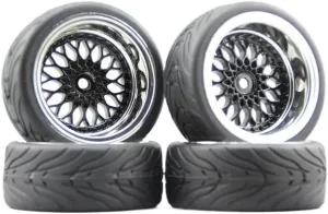 4pcs Soft Rubber Touring Tyres Wheels with Chrome and Black Paint Rim Compatible with 1:10 RC Cars 3mm 6mm 9mm Offset(2PCS6MM with 2PCS9MM)
