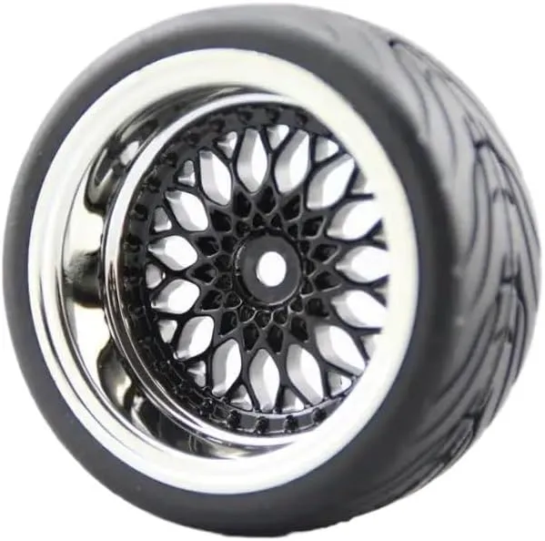 4pcs Soft Rubber Touring Tyres Wheels with Chrome and Black Paint Rim Compatible with 1:10 RC Cars 3mm 6mm 9mm Offset(2PCS6MM with 2PCS9MM)