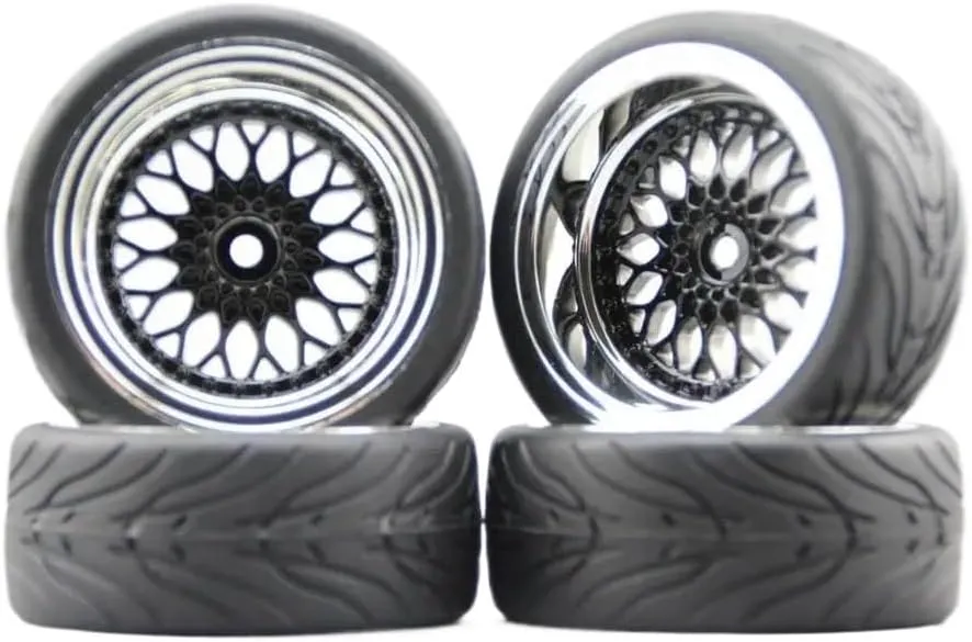 4pcs Soft Rubber Touring Tyres Wheels with Chrome and Black Paint Rim Compatible with 1:10 RC Cars 3mm 6mm 9mm Offset(2PCS6MM with 2PCS9MM)