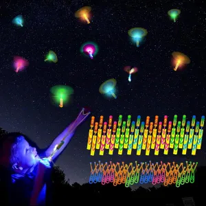 50 Pcs Slingshot Flying with LED Lights, 25Pcs Helicopters and 25 Pcs Slingshots Glow in The Dark Rocket Launcher Toys Summer Camping Outdoor Light up Night Party Favors for Kids 4-8-12