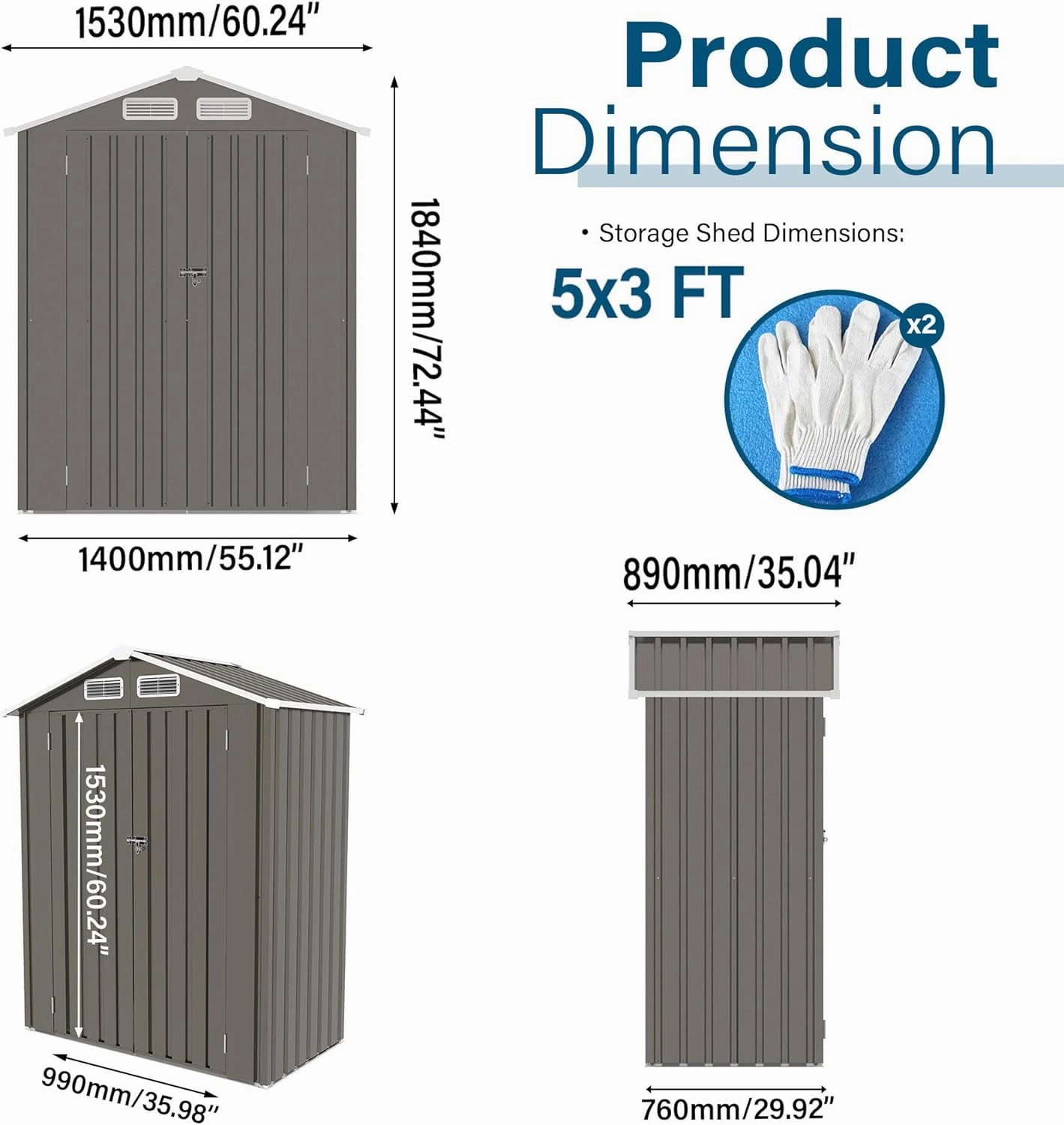 5x3 FT Metal Outdoor Storage Shed, Waterproof Garden Tool Shed with Pitched Roof & Lockable Door, Compact Backyard Storage for Bikes, Lawn Equipment, Patio Furniture, Easy Assembly Utility Shed, Gray