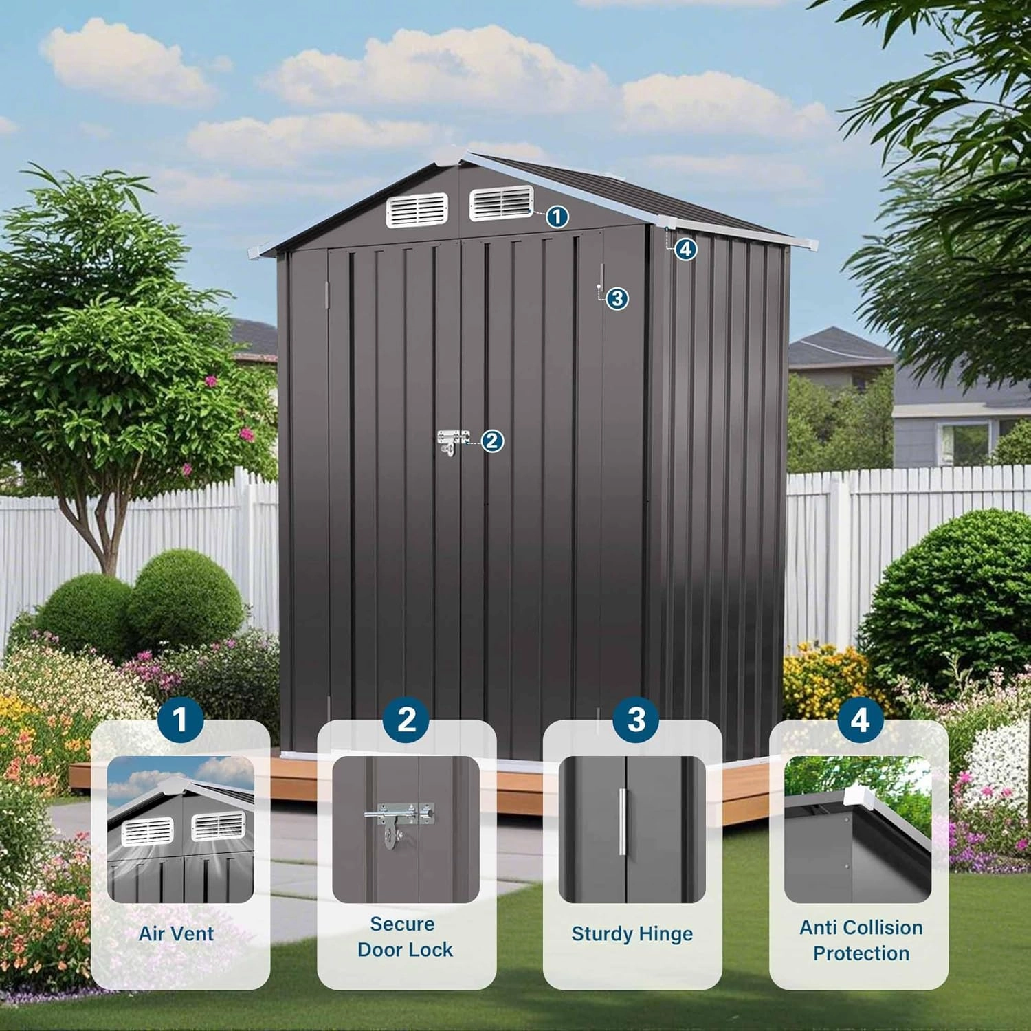 5x3 FT Metal Outdoor Storage Shed, Waterproof Garden Tool Shed with Pitched Roof & Lockable Door, Compact Backyard Storage for Bikes, Lawn Equipment, Patio Furniture, Easy Assembly Utility Shed, Gray