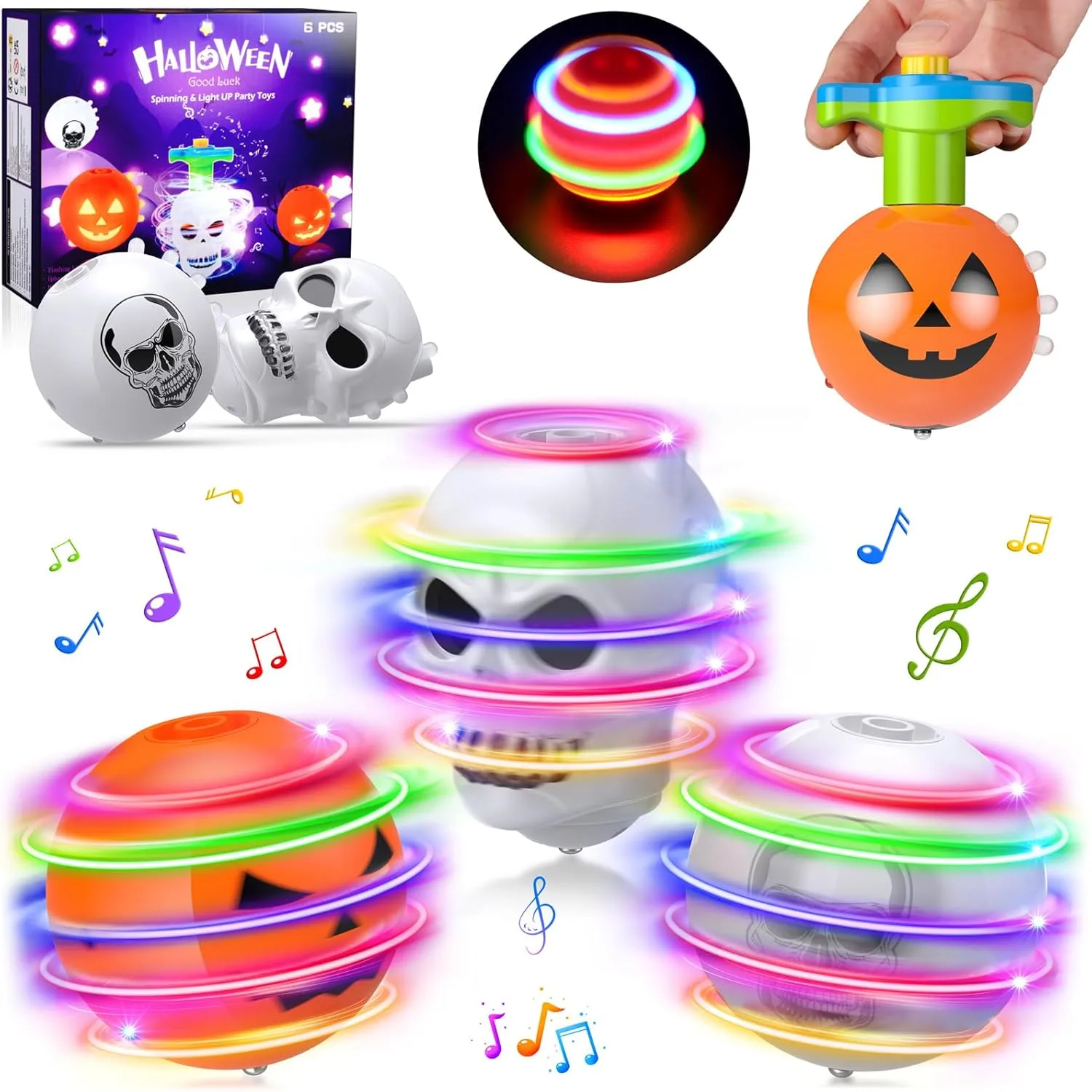 6 PCS Halloween Spinning Toy Gifts for Kids, Light Up Flashing Halloween Spin Tops with LED Gyroscope for Halloween Party Favors, Goodie Bag fillers (Pumpkin, Skull)