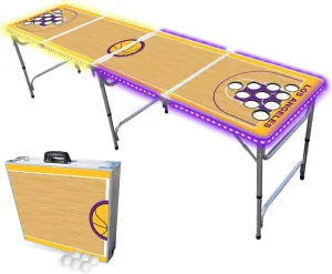 8-Foot Folding Portable Pong Table w/Optional Cup Holes & LED Lights - Los Angeles Lakeshow Basketball Court (Choose Your Model)