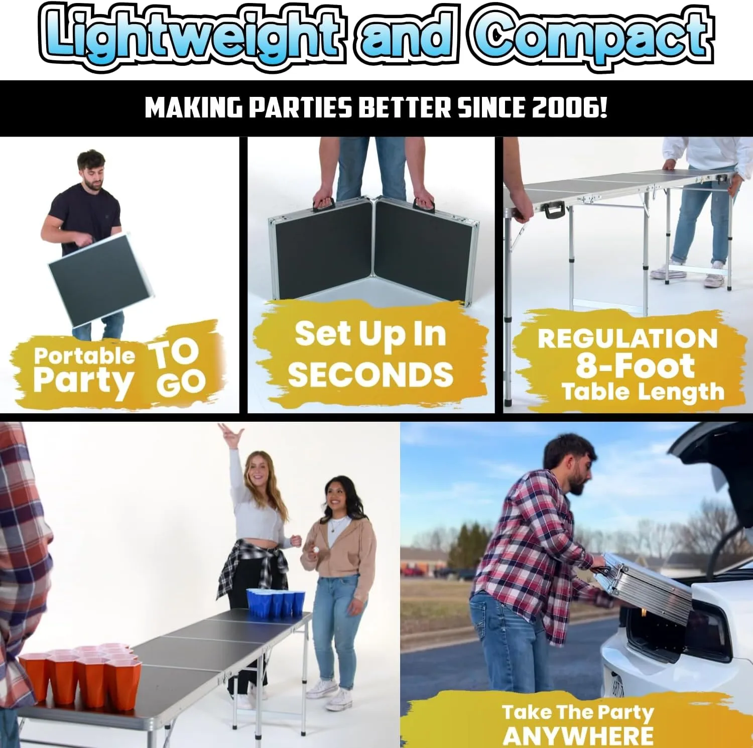 8-Foot Regulation Folding Beer Pong Table w/Beer Pong Balls & Optional Cup Holes, LED Lights, Custom Graphic (Choose Your Model)