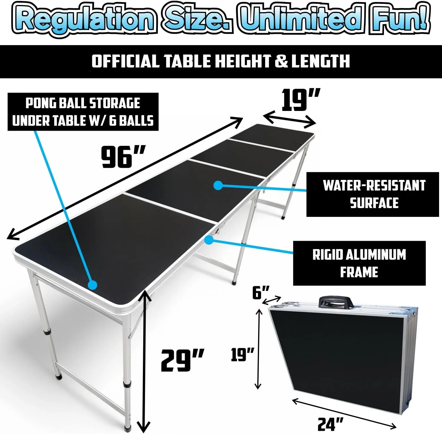 8-Foot Regulation Folding Beer Pong Table w/Beer Pong Balls & Optional Cup Holes, LED Lights, Custom Graphic (Choose Your Model)