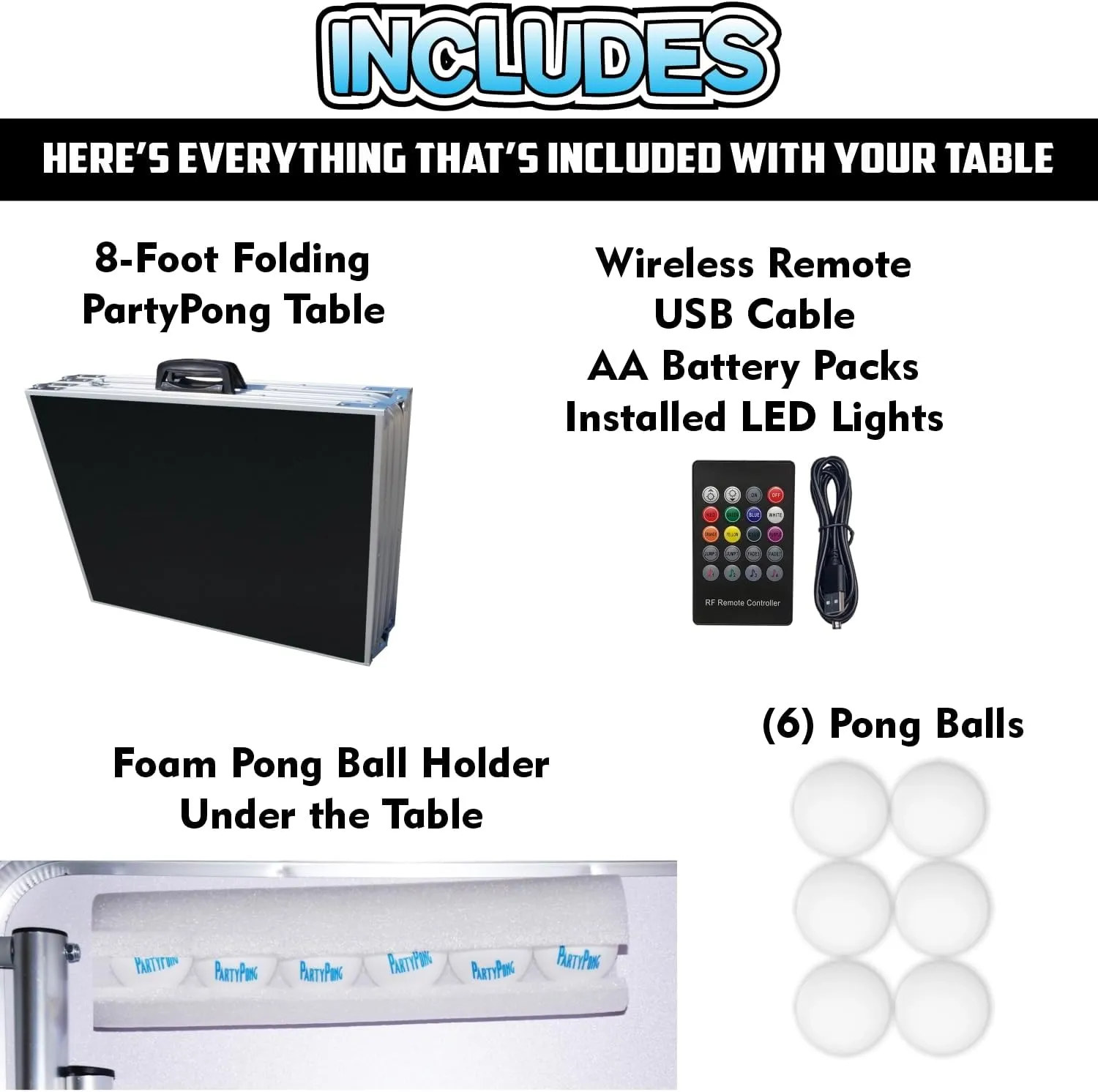 8-Foot Regulation Folding Beer Pong Table w/Beer Pong Balls & Optional Cup Holes, LED Lights, Custom Graphic (Choose Your Model)