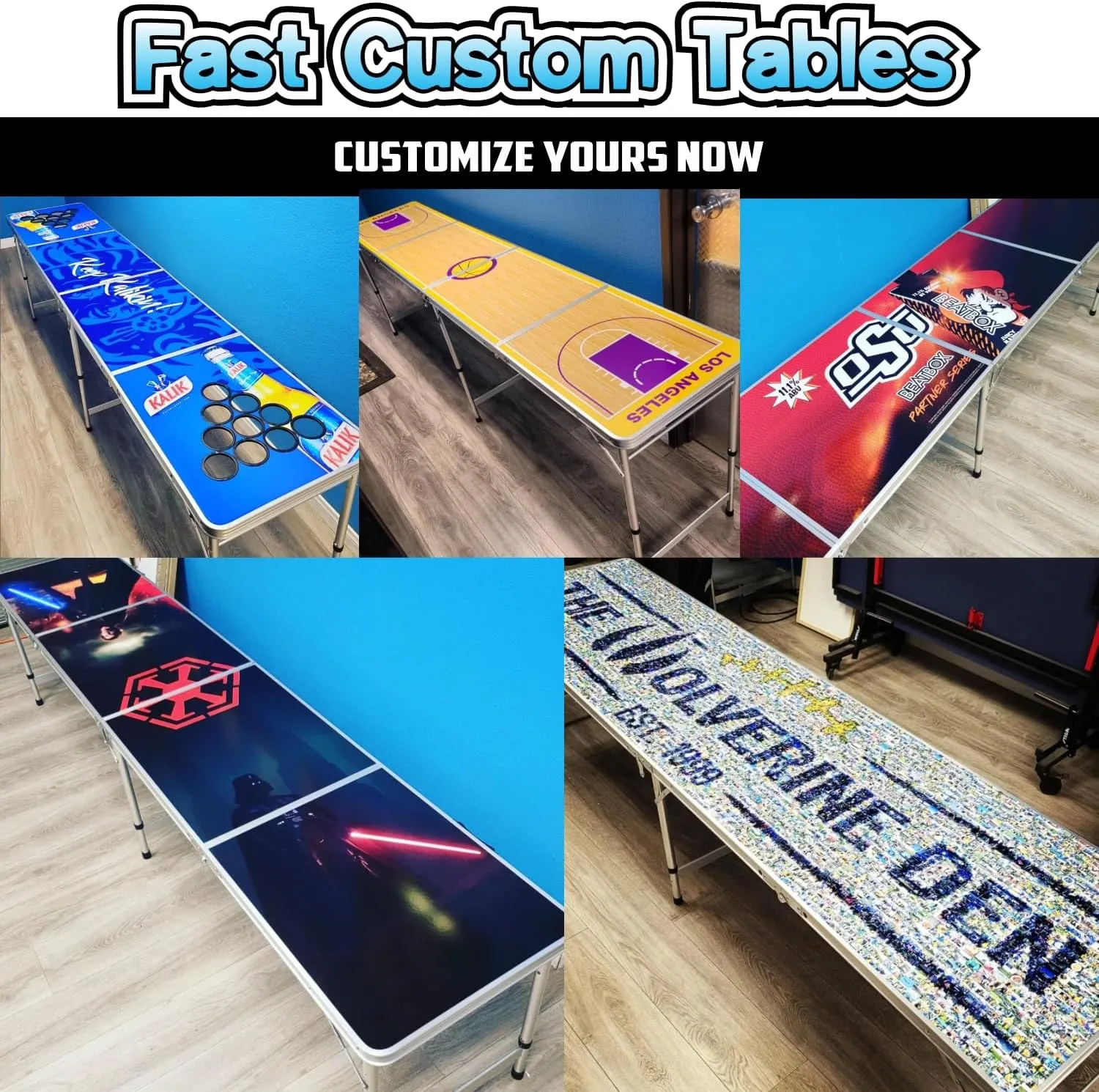 8-Foot Regulation Folding Beer Pong Table w/Beer Pong Balls & Optional Cup Holes, LED Lights, Custom Graphic (Choose Your Model)
