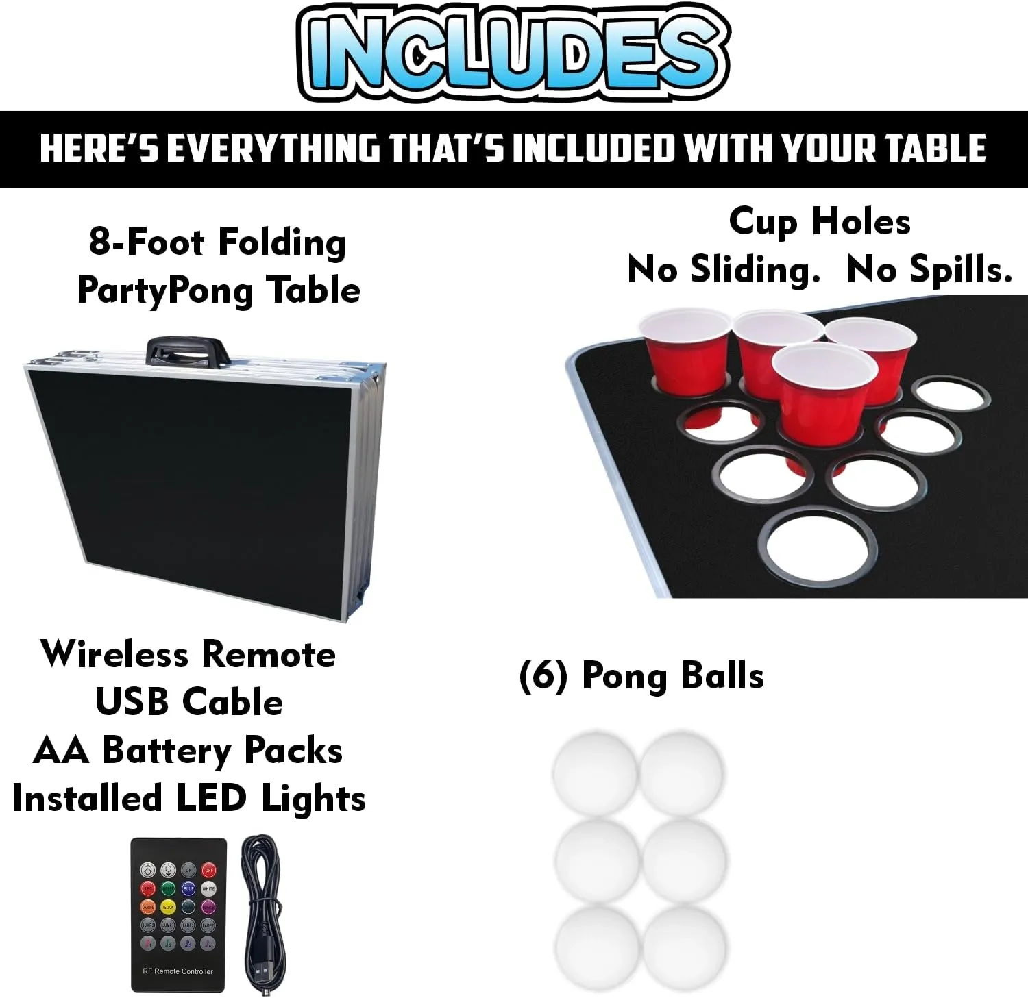 8-Foot Regulation Length Folding Table w/Optional Cup Holes, LED Lights, Custom Graphic (Choose Your Model)